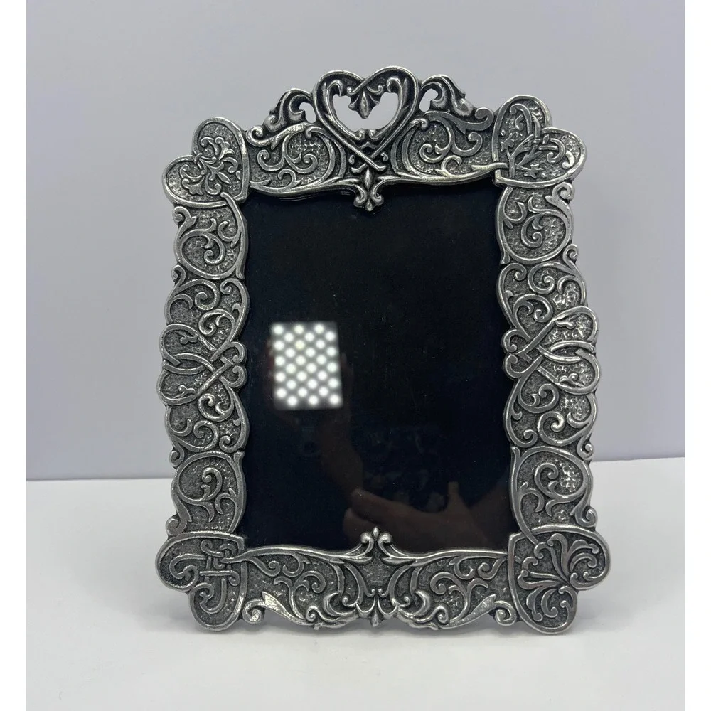 Vintage Pewter Filigree Heart Frame 5x7 Photo Ornate Celtic Knot Openwork Vtg